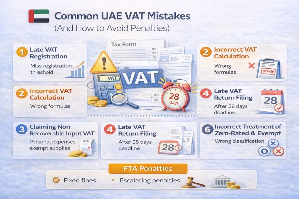 Common UAE VAT mistakes infographic showing calculation errors late filing and FTA penalties