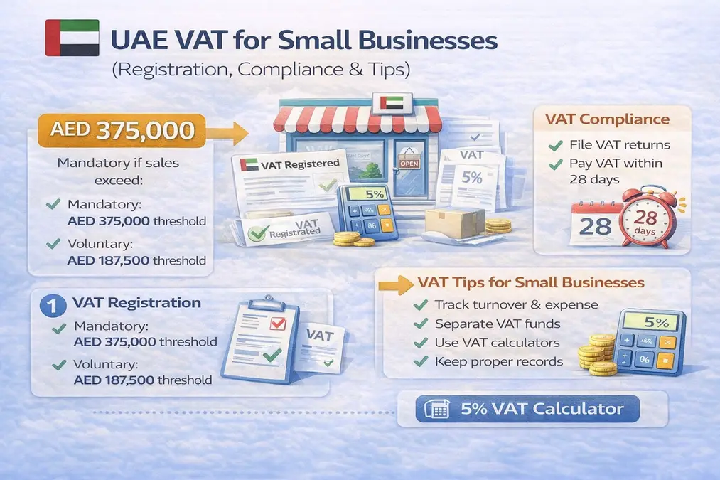 UAE VAT for small businesses infographic showing 5 percent VAT and AED 375000 registration threshold