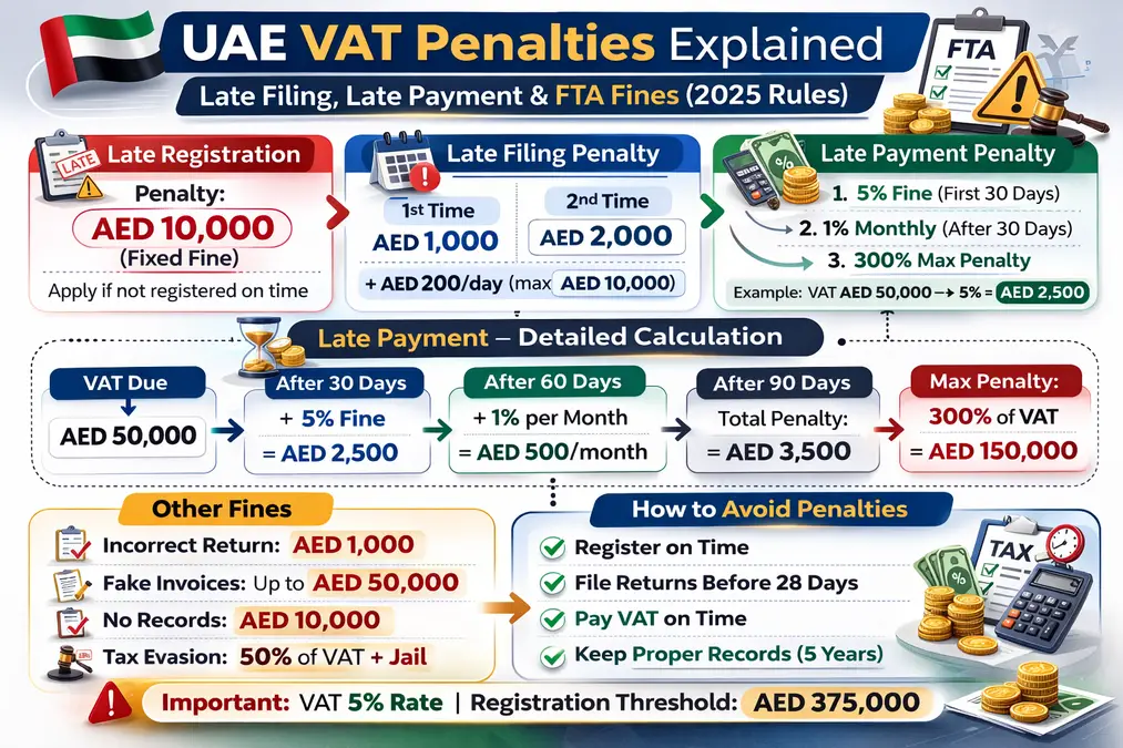UAE VAT penalties infographic showing AED 10,000 late registration fine and 5 percent plus 1 percent monthly late payment penalty structure