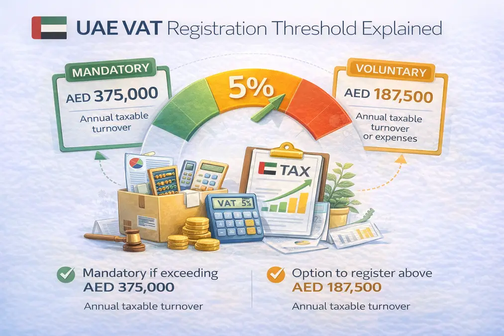 UAE VAT registration threshold showing AED 375000 mandatory and AED 187500 voluntary limits