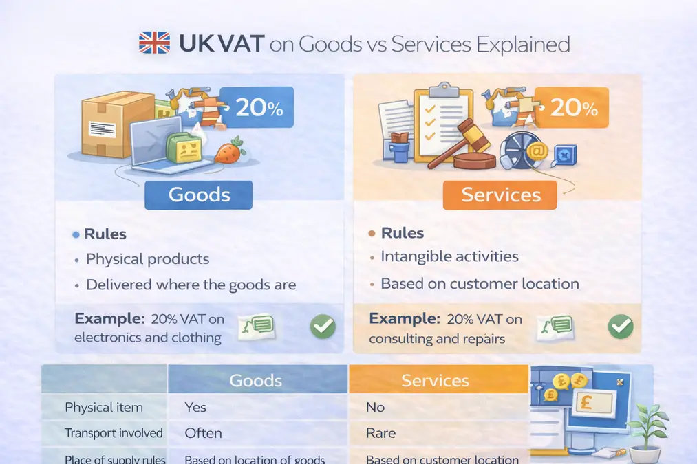 UK VAT on goods vs services comparison with tax rules and examples