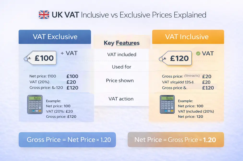 UK VAT inclusive vs VAT exclusive prices explained with calculation examples