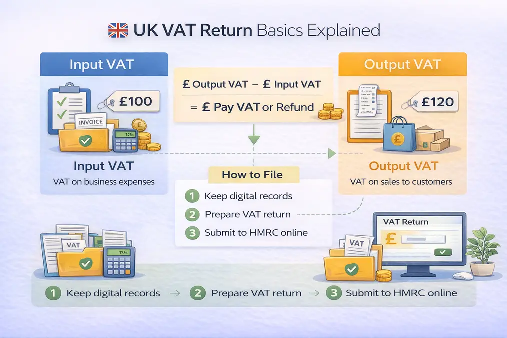 UK VAT return basics showing input VAT output VAT and filing steps