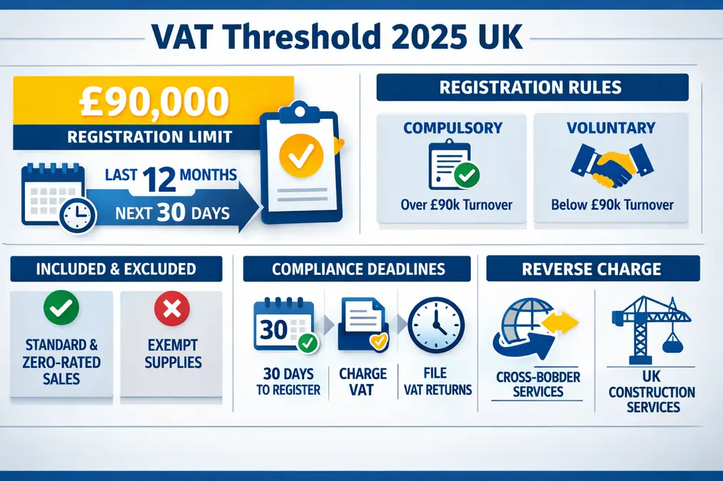 VAT Threshold 2025 UK infographic showing £90,000 registration limit, turnover test timeline, compulsory and voluntary registration rules, HMRC compliance deadlines, and reverse charge overview.