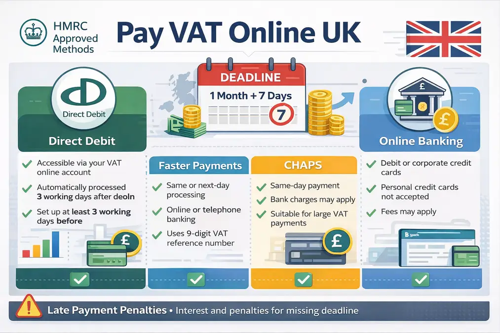 HMRC VAT online payment methods in the UK including Direct Debit, Faster Payments, CHAPS, and online banking with deadlines and compliance icons.