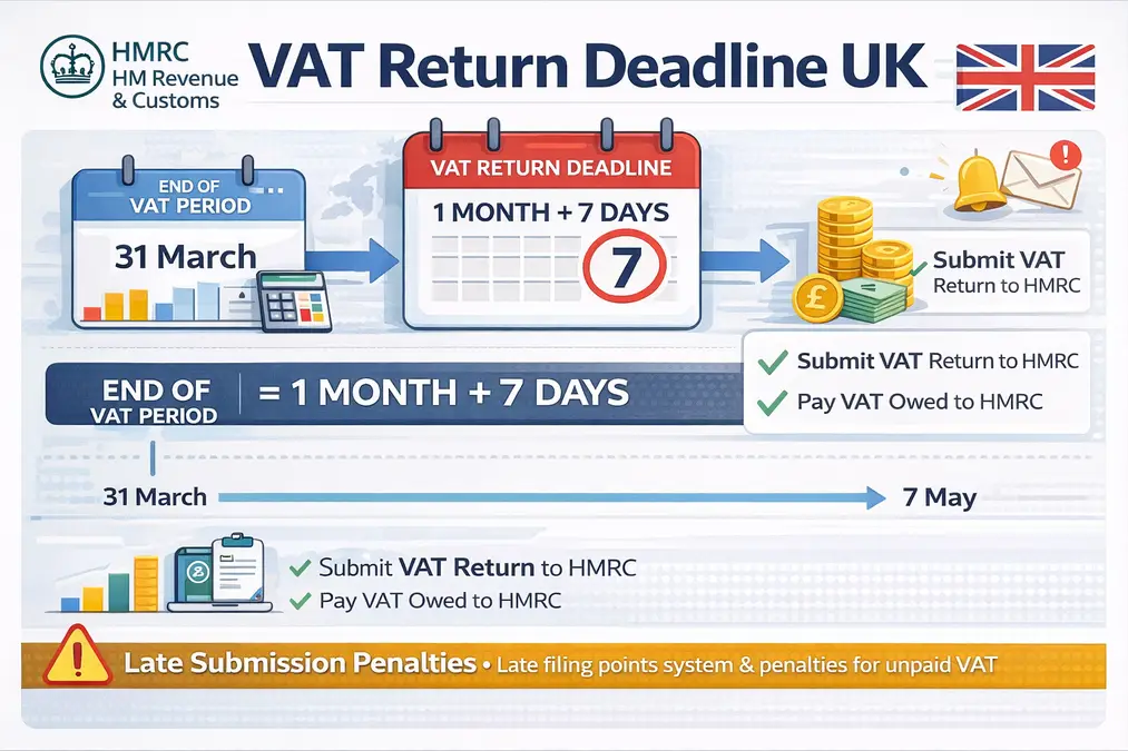 UK VAT return deadline showing HMRC filing timeline of 1 month + 7 days with compliance calendar and payment reminder icons.