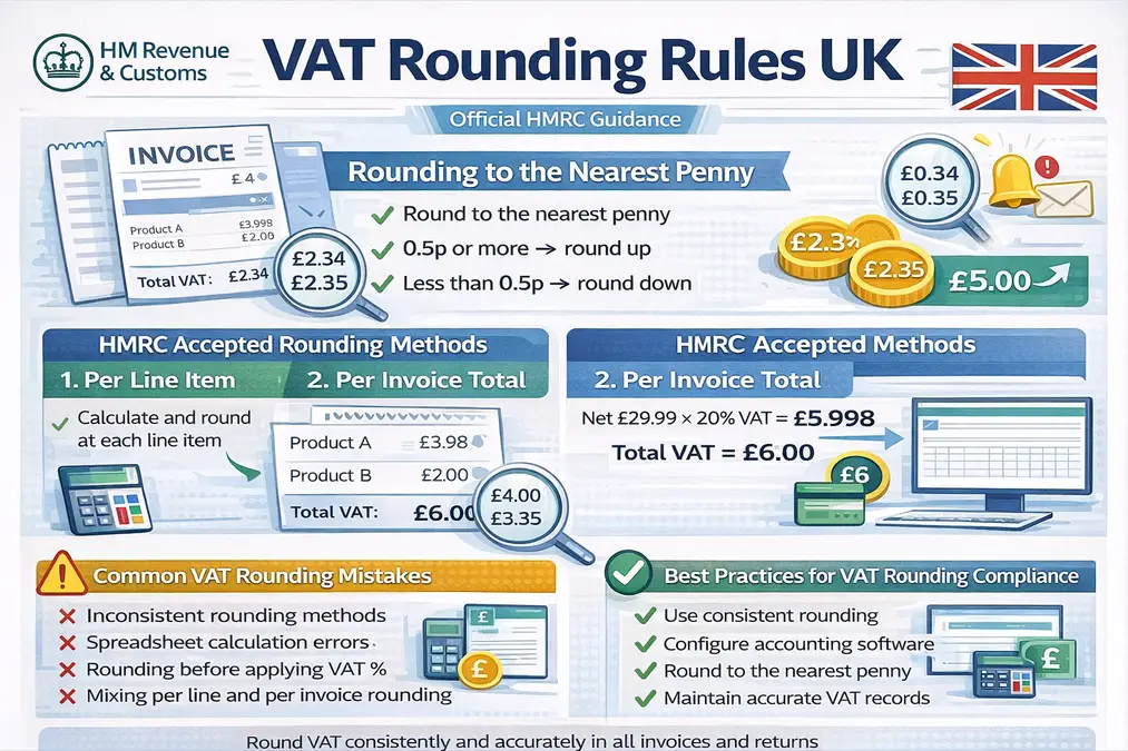 Explaining VAT rounding rules UK showing invoice calculations, rounding to the nearest penny, and HMRC compliant methods.